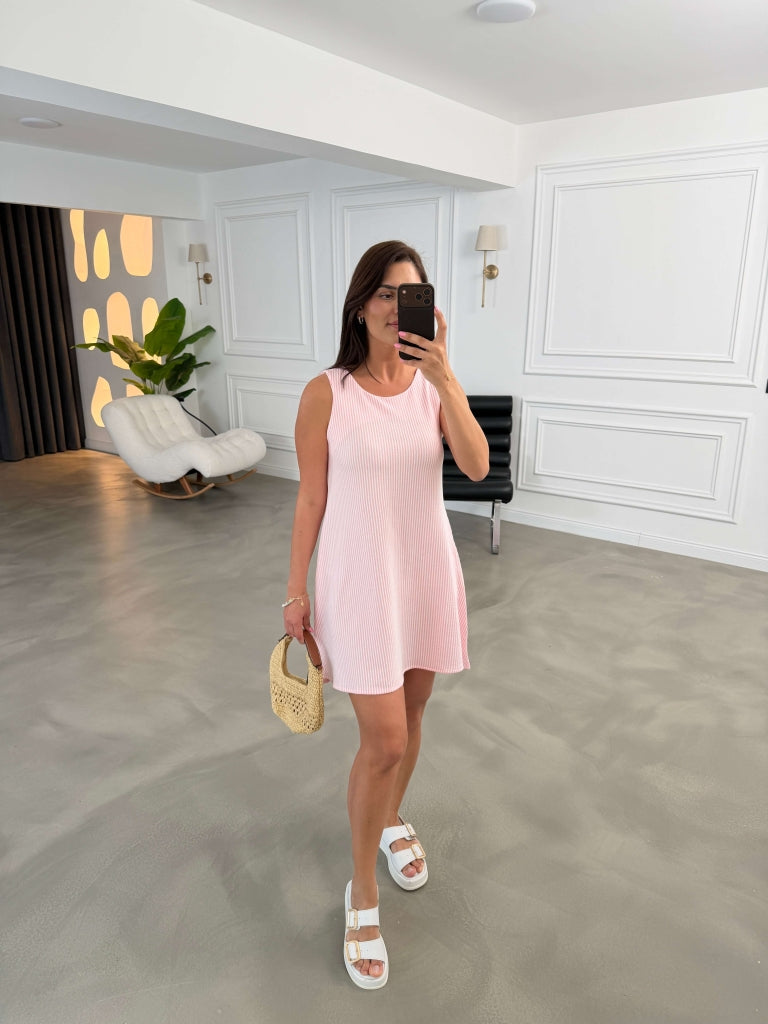 Pembe Çizgili Sıfır Kol Elbise 80148-Pembe