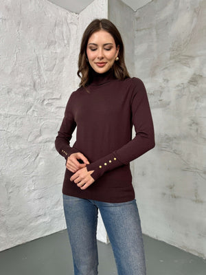 Kahverengi Balıkçı Yaka Gold Düğmeli Triko Bluz 2315-Kahverengi