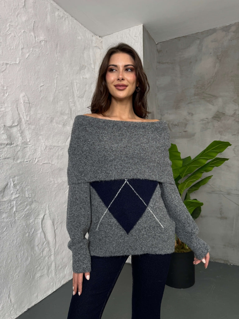 Antrasit Açık Yaka Baklava Desen Kazak 2530-Antrasit