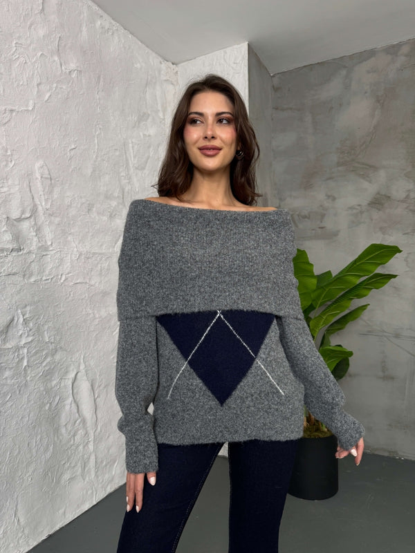 Antrasit Açık Yaka Baklava Desen Kazak 2530-Antrasit