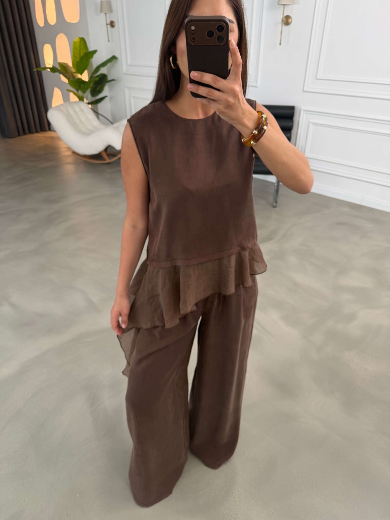 Kahve Eteği Garnili Bluz Pantolon Takım 51391-Kahve