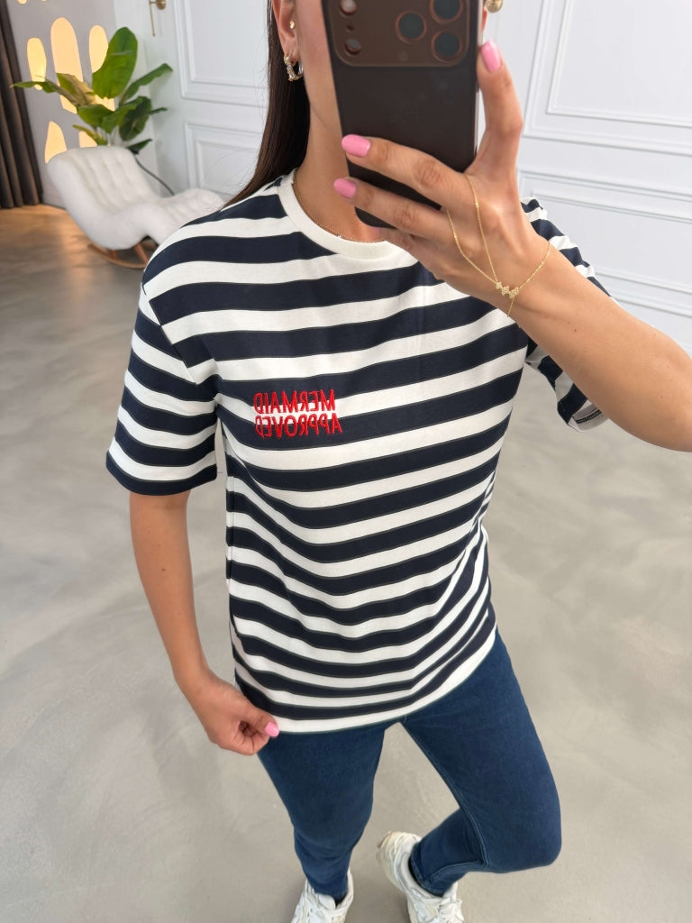 Lacivert Nakış Yazılı Çizgili Tshirt 10868-Lacivert