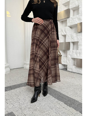 Kahverengi  Ekose Detaylı Şifon Etek 0613-Kahve