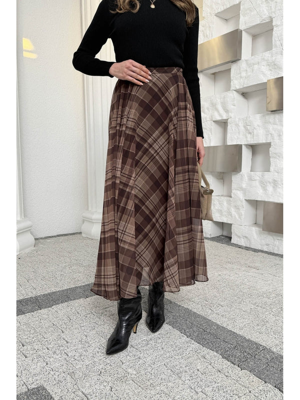 Kahverengi  Ekose Detaylı Şifon Etek 0613-Kahve