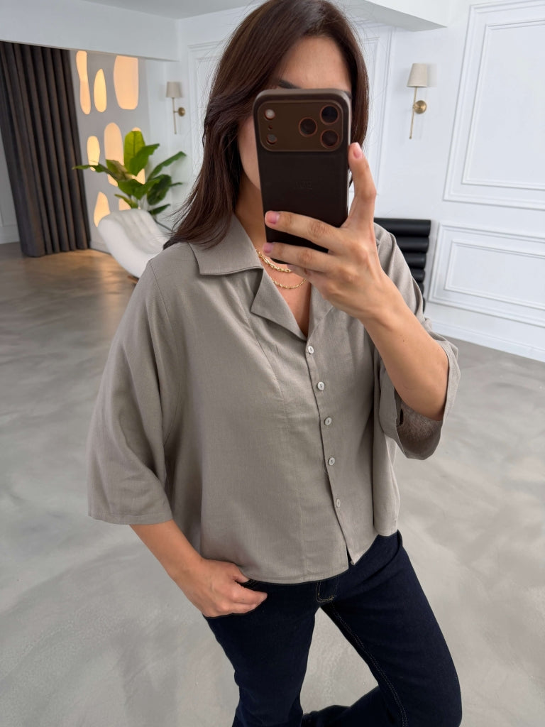Vizon Oversize Keten Gömlek 4982-Vizon