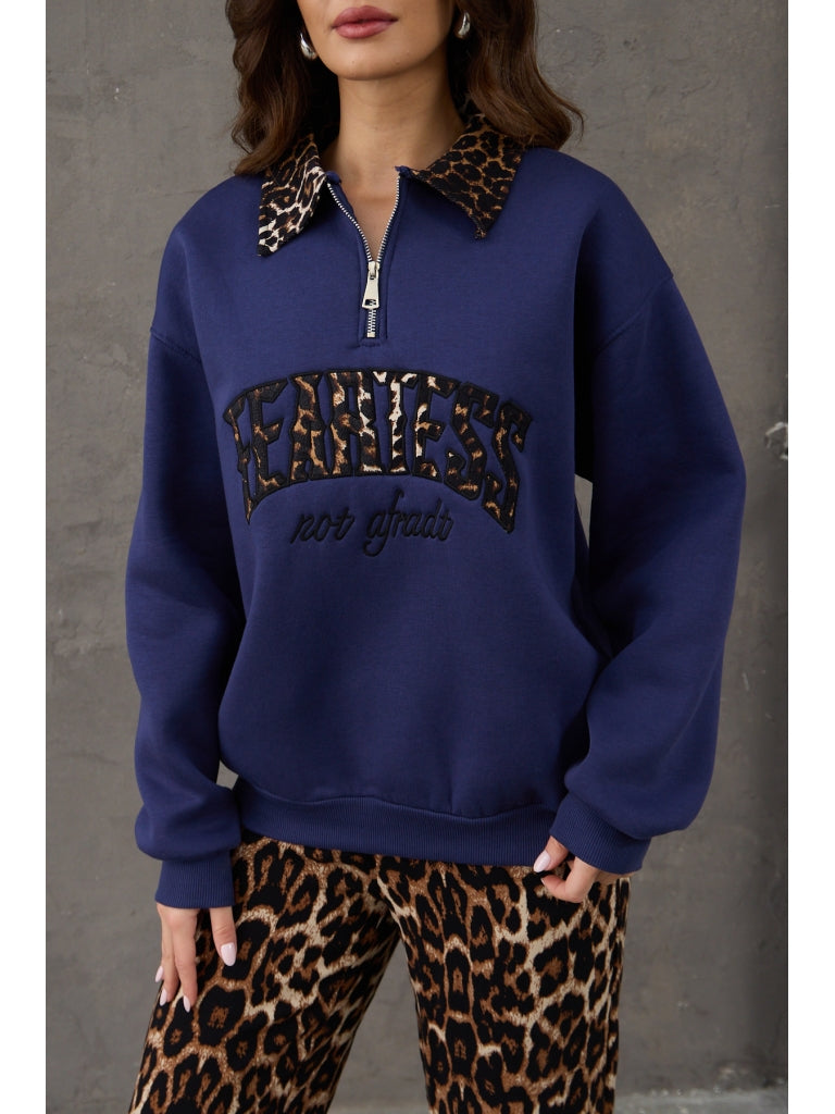 Lacivert Leopar Nakışlı Polo Yaka Sweat