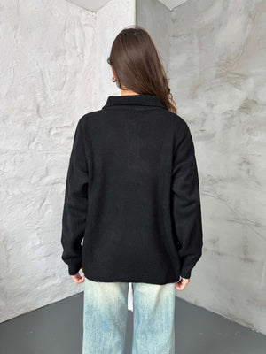 Siyah Polo Yaka Düğmeli Triko Kazak 2482-SİYAH