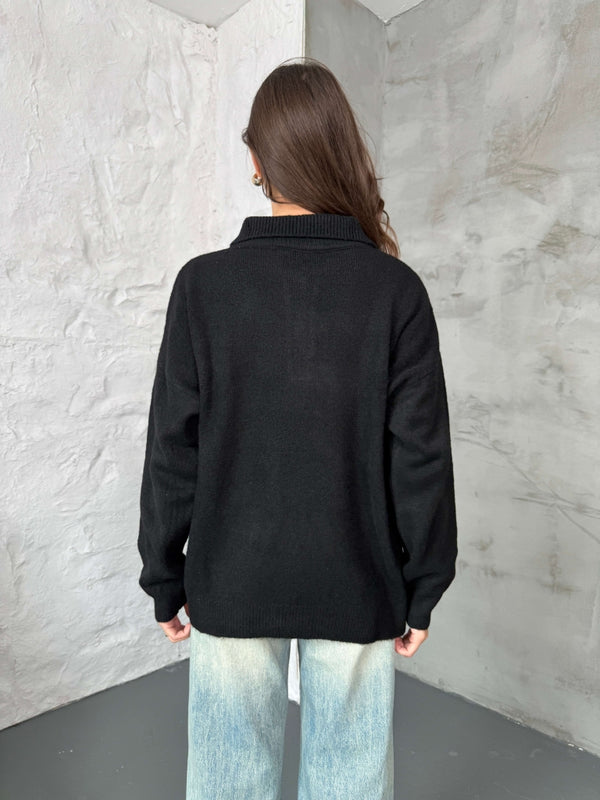 Siyah Polo Yaka Düğmeli Triko Kazak 2482-SİYAH