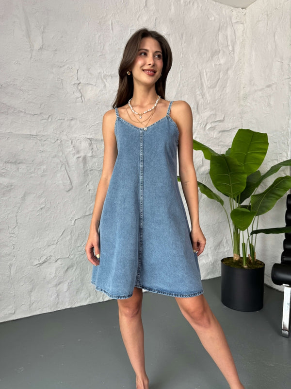 Mavi Askılı Kısa Jean Elbise