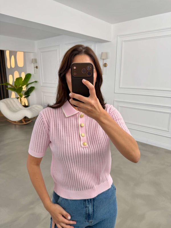 Pembe Ajurlu Gold Düğmeli İnce Triko Bluz 2771-Pembe