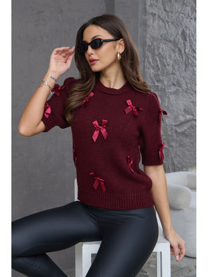 Bordo Fiyonklu Kısa Kol Triko