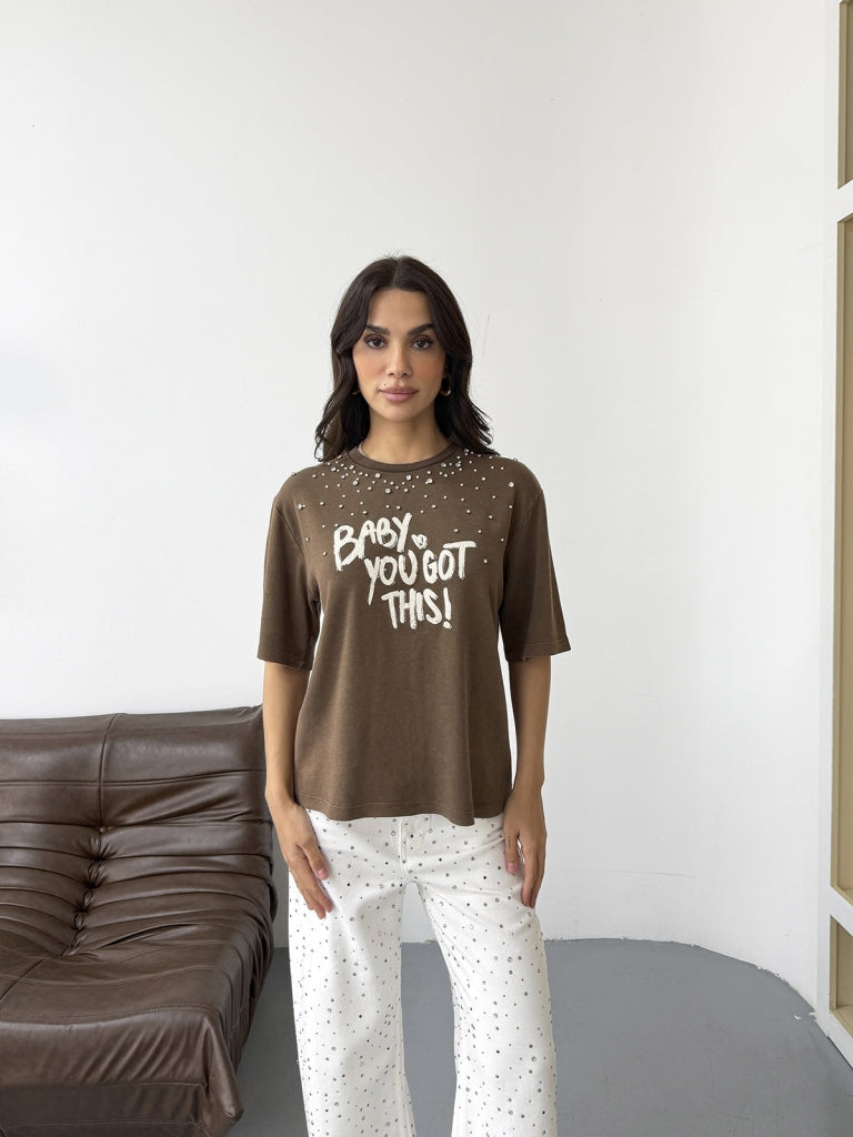 Kahverengi Taş İşleme Baskılı Tshirt 8139-Kahverengi