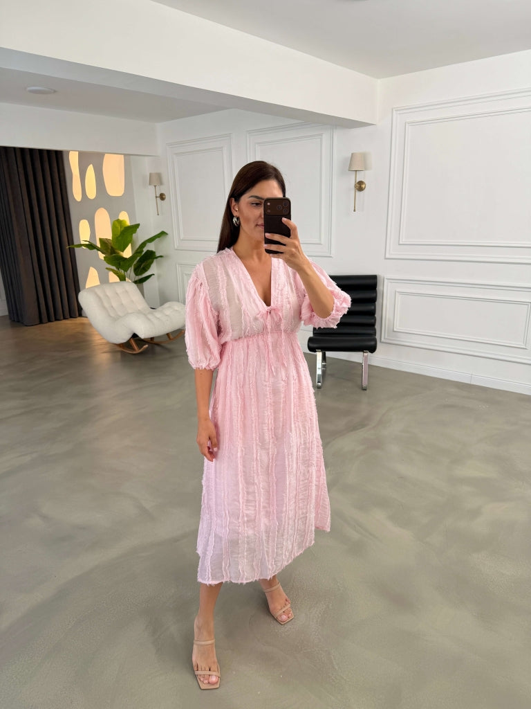 Pembe Püsküllü Ön Bağlamalı Elbise EY3075-Pembe