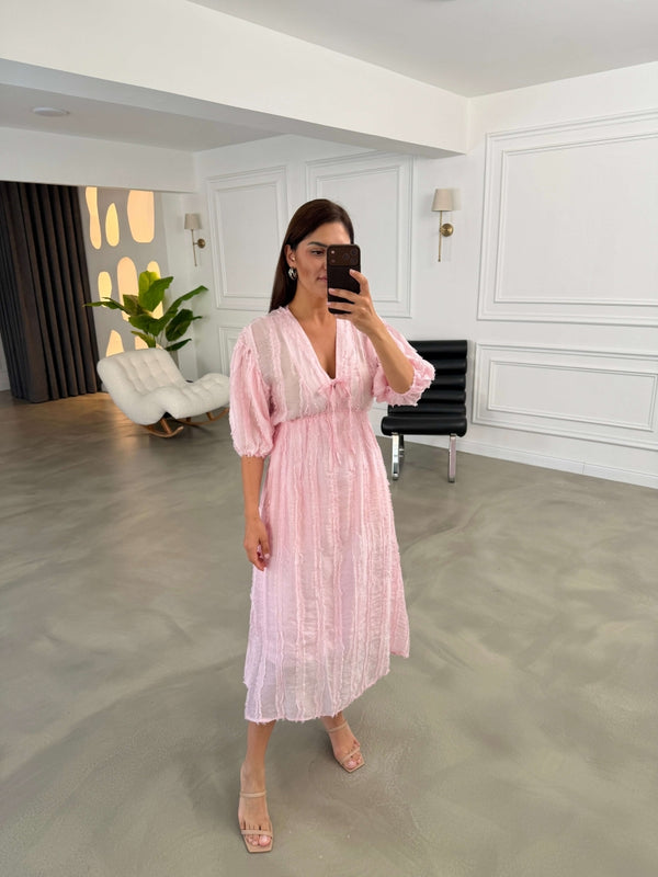 Pembe Püsküllü Ön Bağlamalı Elbise EY3075-Pembe