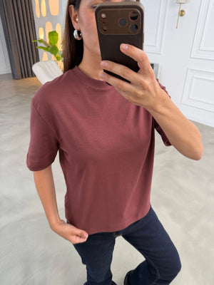 Açık Kahverengi Bisiklet Yaka Basıc Tshirt 6597-Açık Kahverengi