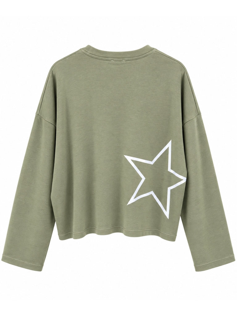 Haki Sırtı Yıldız Baskılı Basic Sweat 12511-Haki