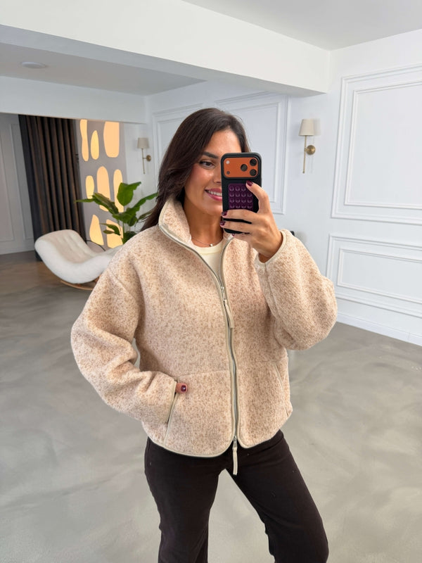 Bej Ön Fermuarlı Peluş Sweat 22889-Bej