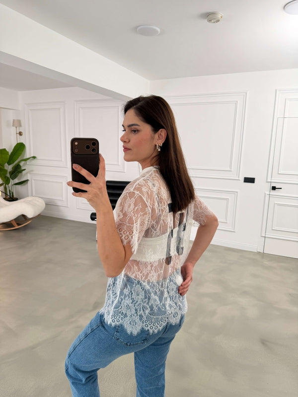 Ekru Baskılı Dantel Tshirt 1098-Ekru