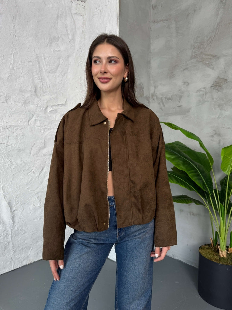 Kahverengi Süet Premium Bomber Ceket