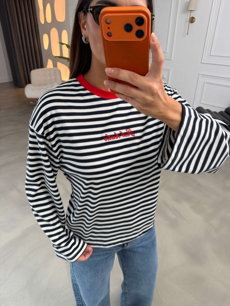 Siyah Çizgili Yakası Nakışlı Sweat 12783-Siyah