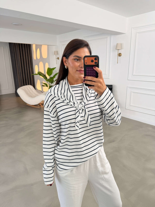 Ekru Çizgili Fularlı Sweatshirt 9037-Ekru