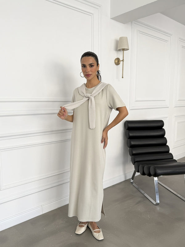 Taş Fular Detaylı Modal Elbise 1877-Taş