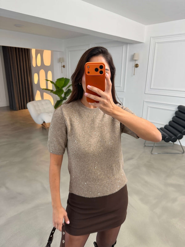 Vizon Kısa Kollu Pullu Triko Bluz 2944-Vizon