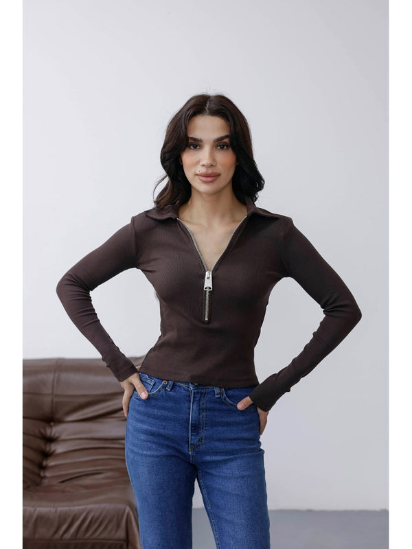 Kahverengi Yakası Fermuarlı Vatkalı Bluz 30412-Kahverengi