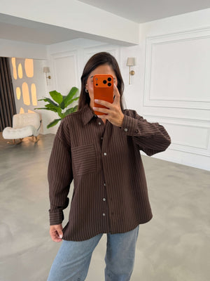 Kahve Fitilli Oversize Gömlek 5000-Kahve