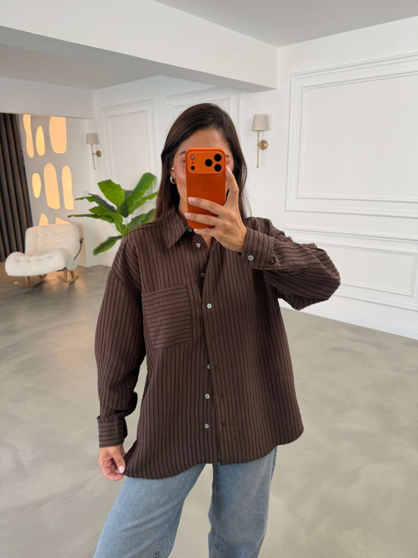 Kahve Fitilli Oversize Gömlek 5000-Kahve