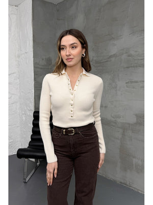 Krem Polo Yaka Çıtçıtlı Kazak 251172-Krem