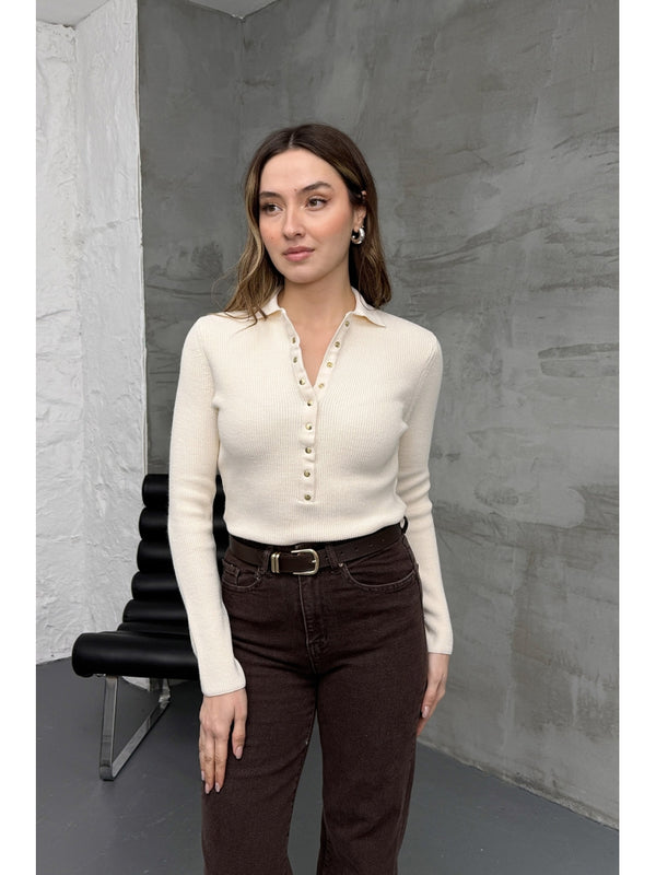 Krem Polo Yaka Çıtçıtlı Kazak 251172-Krem