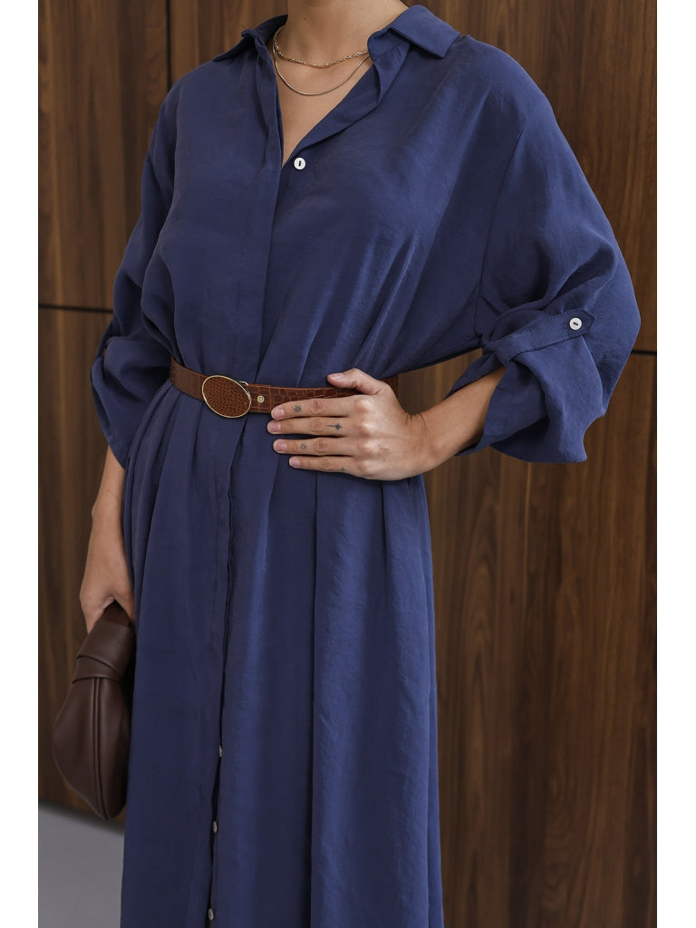 Lacivert Tensel Kemerli Gömlek Elbise EYY3270-LACİVERT