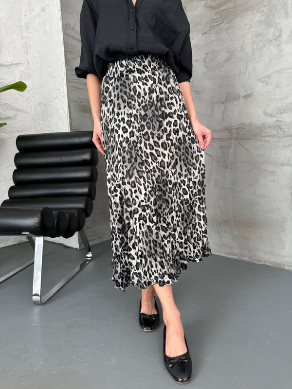 Gri Leopar Kırışık Saten Etek 29269-GRİ LEOPAR