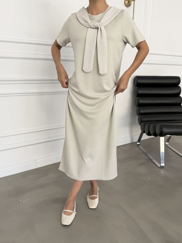 Taş Fular Detaylı Modal Elbise 1877-Taş