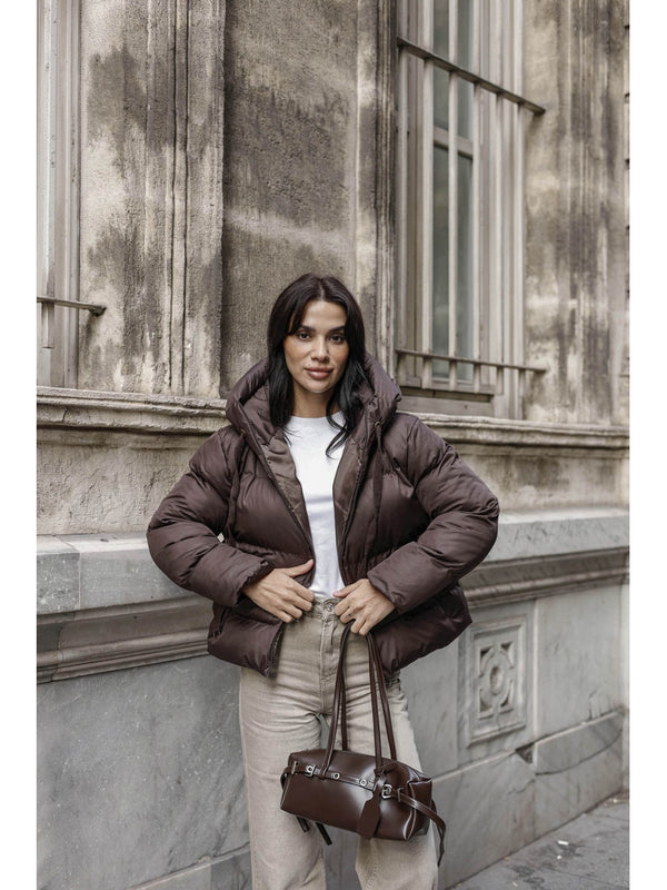 Kahverengi Fermuarlı Şişme Mont 2059-Kahverengi