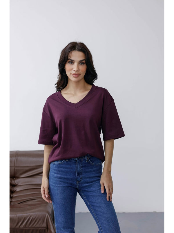 Mürdüm Orj Marka V Yaka Tshirt 6598-Mürdüm