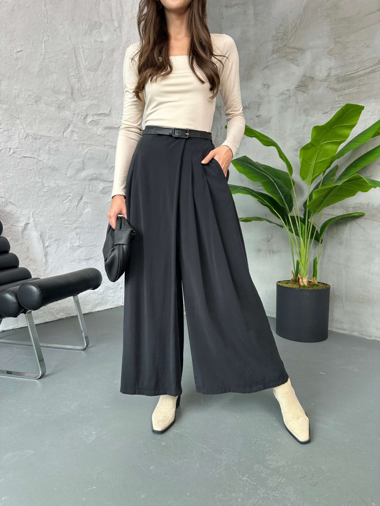 Siyah Beli Pilili Tencel Pantolon