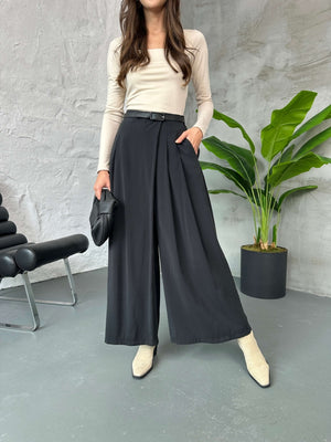 Siyah Beli Pilili Tencel Pantolon