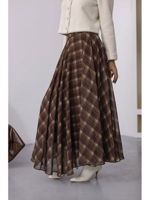 Kahverengi Haki Ekose Detaylı Şifon Etek 0613-Kahve Haki