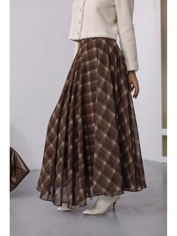 Kahverengi Haki Ekose Detaylı Şifon Etek 0613-Kahve Haki