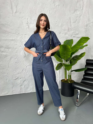 İnce Denim Bel Lastikli Tulum