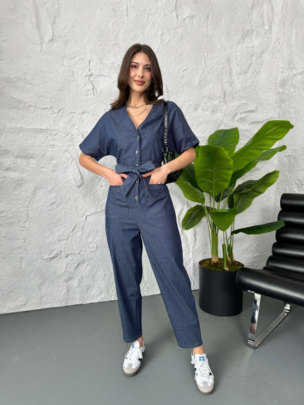 İnce Denim Bel Lastikli Tulum