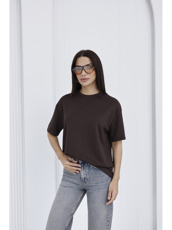 Kahverengi Taş Baskılı Tshirt 4236-Kahve