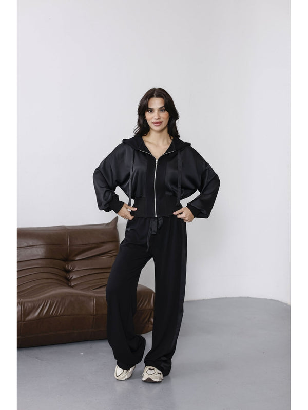 Siyah Saten Detaylı Fermuarlı Takım 2101-Siyah