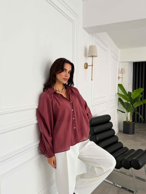 Bordo Yakası Lastikli Tencel Gömlek 5018-Bordo