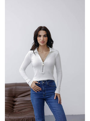 Ekru Yakası Fermuarlı Vatkalı Bluz 30412-Ekru