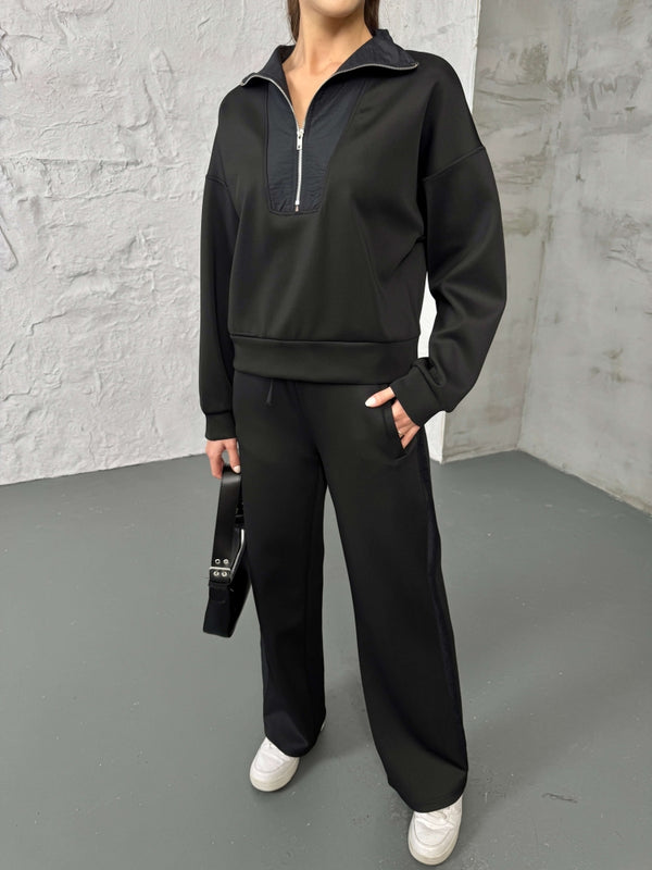 Siyah Paraşüt Şeritli Fermuarlı Scuba Takım 2624-Siyah