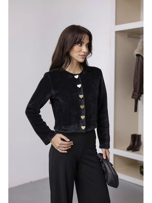 Siyah Kalp Düğmeli Yumoş Hırka 7562-Siyah