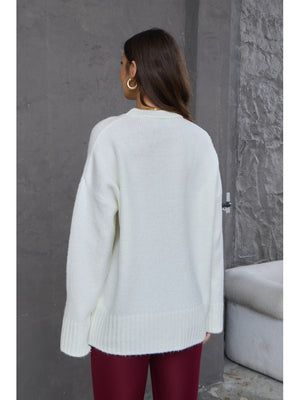 Ekru Bisiklet Yaka Oversize Kazak